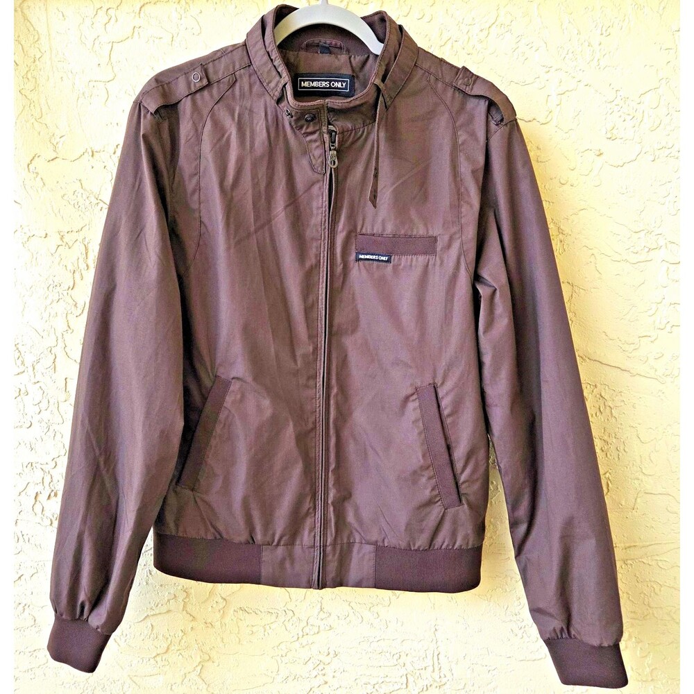 Members Only Mens Brown Bomber Jacket MED Full Zip Stand Up Collar Windbreaker *